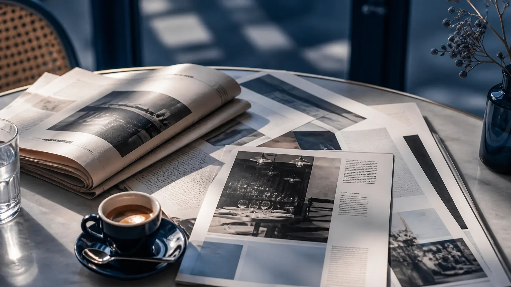 Journaux et coupures de presse sur une table de café